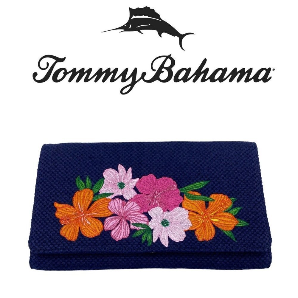🌺 Tommy Bahama Clutch Hawaiian Hibiscus Floral Embroidered Cotton Jute Navy